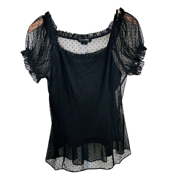 ECI New York Size 12 Polka Dot Sheer Blouse Top Puff Sleeve Office Brunch - Picture 6 of 9
